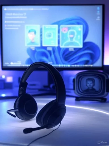A black gaming headset with mic rests on a white desk in front of a blue-lit monitor.
