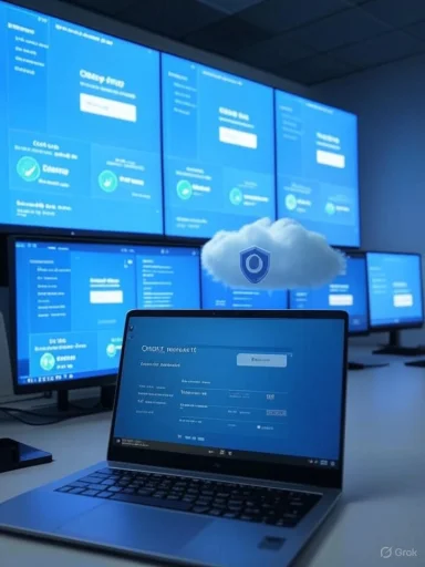 A lab with multiple blue security dashboards on monitors surrounding a laptop.
