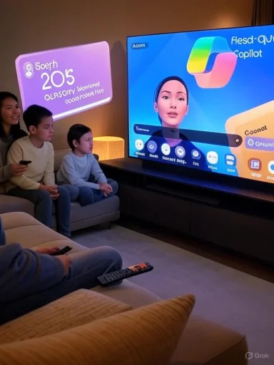 A family sits on a couch watching a large smart TV with an animated avatar on screen.