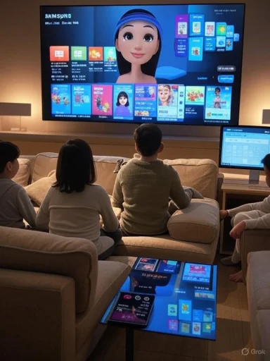 A family lounges on a sofa, watching a large screen featuring a 3D avatar and colorful app thumbnails.