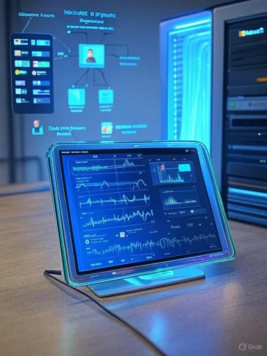 A blue-lit tablet on a stand shows complex analytics in a futuristic data-center.