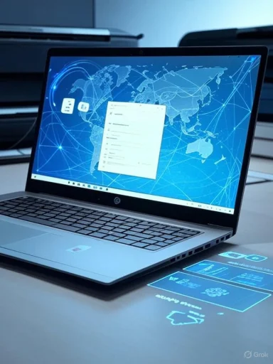 Laptop displays a blue world map overlaid with glowing network lines.