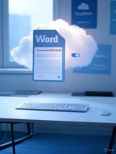 A large Word document icon floats in front of a cloud above a clean desk.