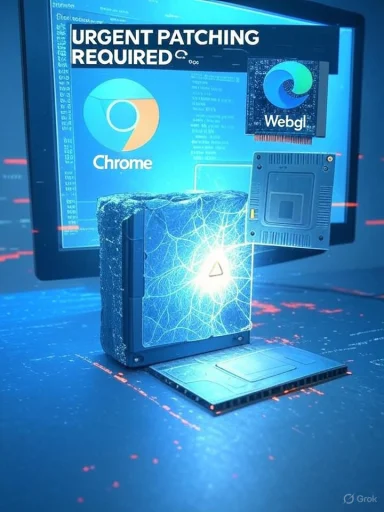 Urgent patching scene: Chrome and WebGL logos hover over a glowing, cracked hard drive.