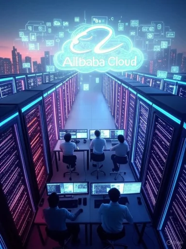 Futuristic Alibaba Cloud data center with engineers monitoring neon-lit servers.