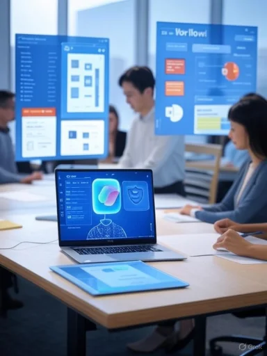 Team collaborates in a bright workspace as a laptop displays holographic UI concepts.