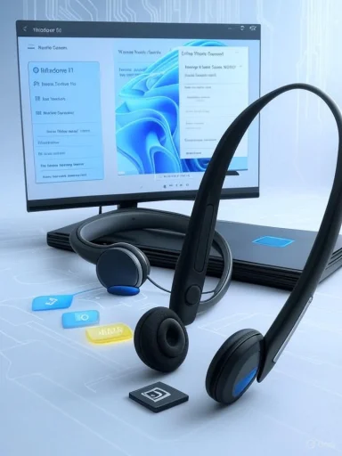 A modern computer workstation with a large monitor, laptop, and two headsets on a light desk.