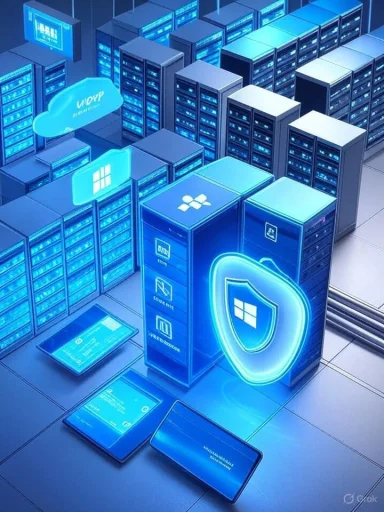 Futuristic data center with glowing blue servers and a security shield.