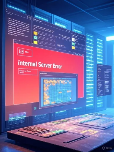 A futuristic data center with blue-lit server racks and a large screen displaying an “Internal Server Error.”