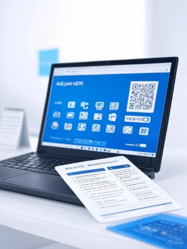 A laptop on a desk shows a blue screen with a QR code beside a printed document.