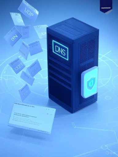 Blue 3D DNS server amid floating network protocol cards in a digital network.