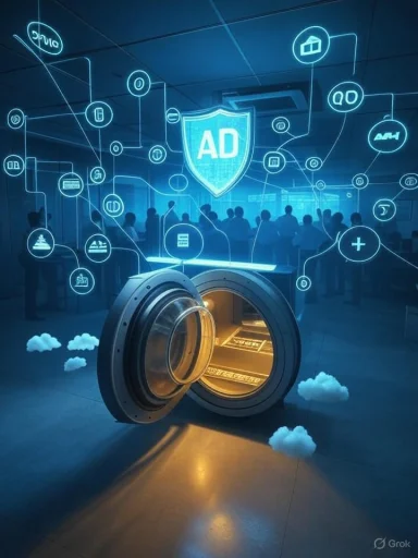 A futuristic vault opens to reveal glowing data, with holographic 'AD' icons hovering over a crowd.