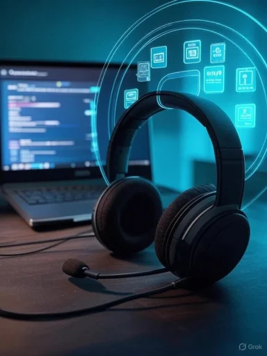 Black gaming headset with a mic on a desk, laptop in the background and blue holographic icons.