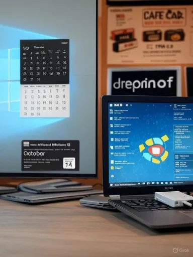 A desk setup with a laptop and a large monitor displaying calendar widgets.