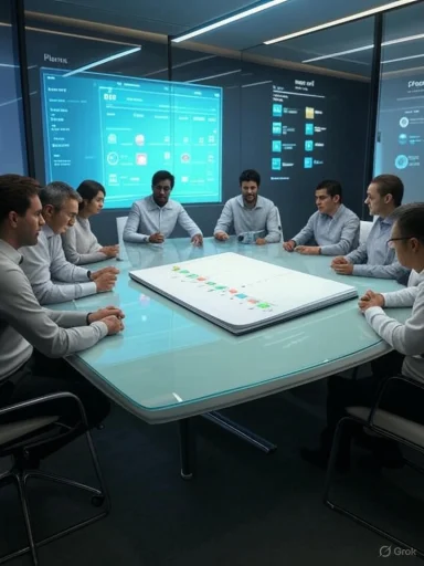 A team sits around a glass conference table in a futuristic high-tech meeting room.