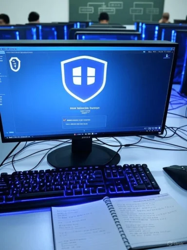 A computer lab workstation with blue LED lighting displays a shield logo on the monitor.