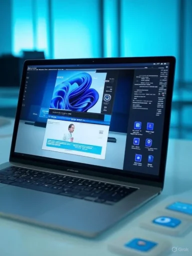 An open laptop on a desk displays a blue-toned software interface with multiple panels.