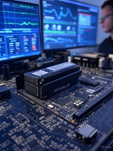 Close-up of a motherboard with an M.2 SSD installed, monitors showing graphs in the background.
