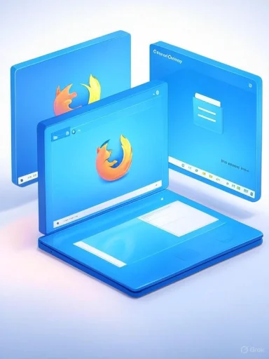 Blue laptop with multiple floating screens showing the Firefox logo.