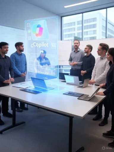 A team of professionals watches a holographic 'ccpilot' presentation in a modern meeting room.