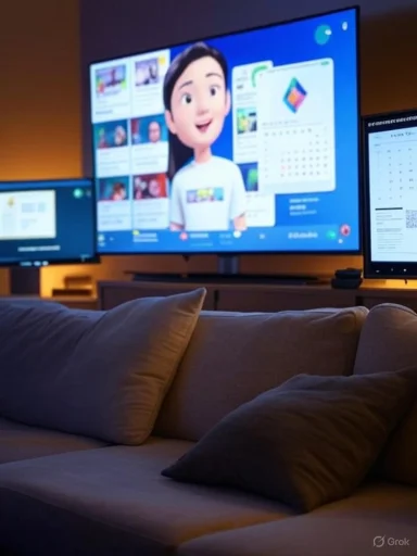 Cozy living room with a large screen showing a cartoon avatar and multiple app windows.
