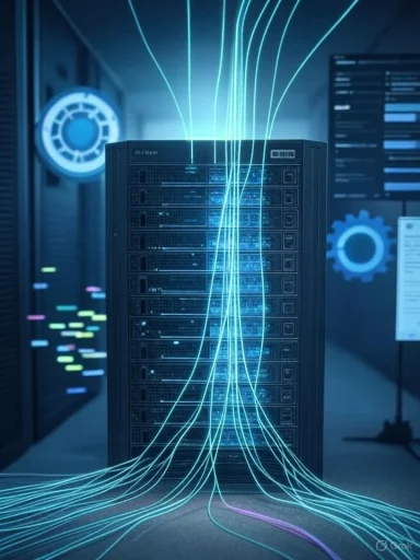 Neon blue cables snake over a server rack in a high-tech data center.