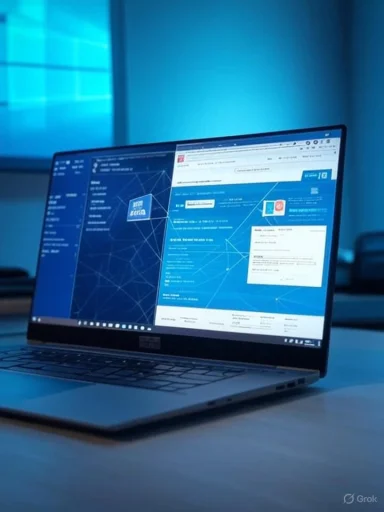 A sleek laptop on a desk displays a blue, two-panel interface under cool lighting.