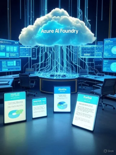 A futuristic lab with a glowing cloud labeled Azure AI Foundry, cables streaming to screens.