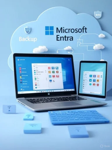 Microsoft Entra cloud backup concept with laptops and tablets on a blue setup.