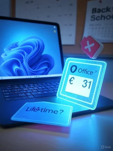 A laptop on a desk with glowing blue price signs for Office (€31) and “Lifetime?” labeled cards.