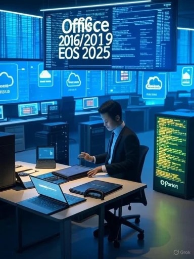 A suited professional works at a desk in a blue, high-tech control room filled with multiple screens.