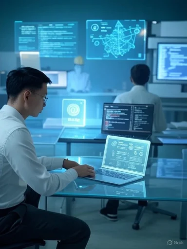 A futuristic data lab with researchers at glass desks and holographic screens.