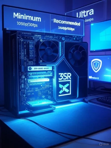 Blue-lit desktop PC tower with a transparent side panel showing the motherboard and cooling fans.