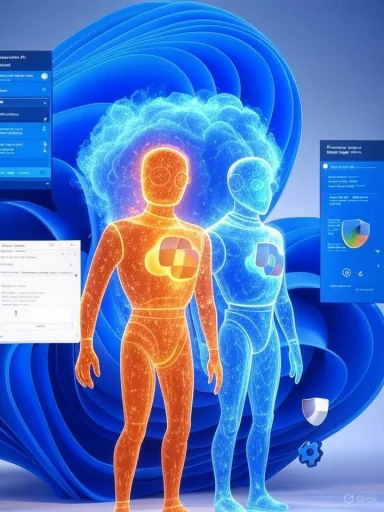 Two glowing holographic avatars with Windows logos on their chests stand before Windows UI panels.