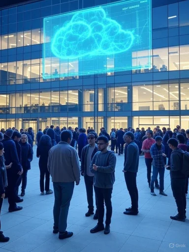 Crowd gathers outside a glass office building as a blue cloud hologram glows on the facade.