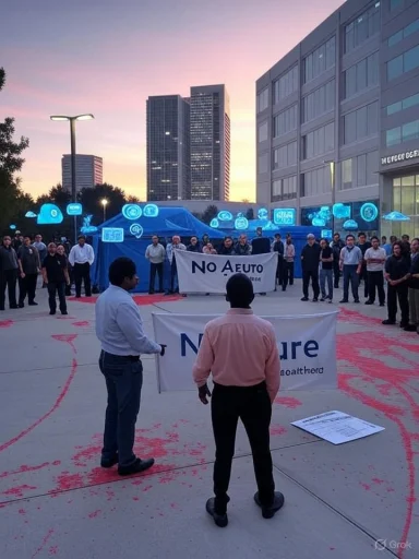 A group of protesters gathers outside a modern building at sunset, holding banners.