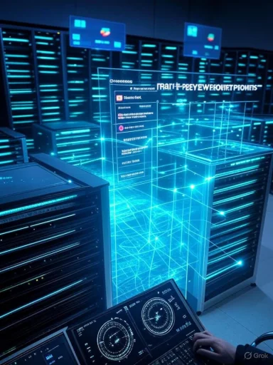 Blue-lit data center with a holographic interface hovering above rows of servers.