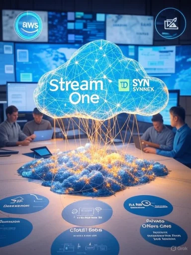 A futuristic cloud-shaped data network display labeled 'Stream One' in a conference room.