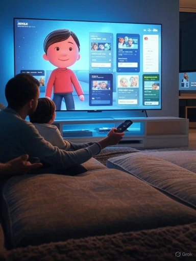 Parents relax on the couch, watching a large TV featuring a friendly animated character.