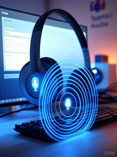 Blue-lit headphones rest beside a glowing circular LED ring in front of a computer monitor.