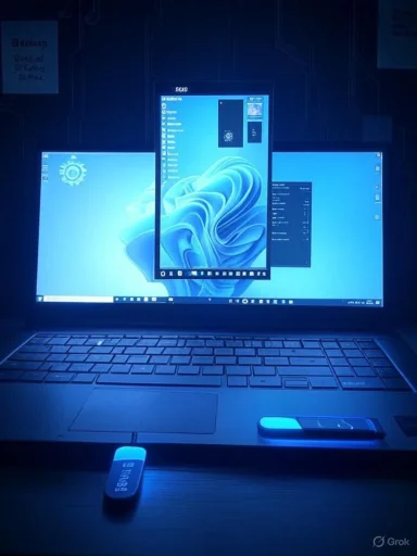 Blue-lit laptop displays several windows with a glowing USB dongle resting nearby. Blue-lit laptop displays several windows with a glowing USB dongle resting nearby.