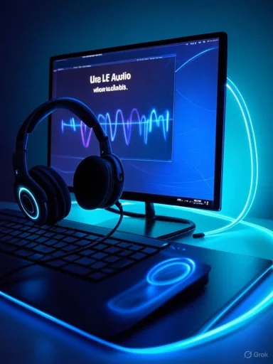 Blue-lit desk setup with headphones resting on a laptop and a monitor displaying audio waveforms.