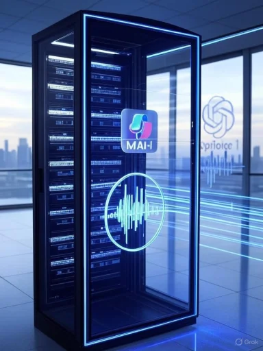 Neon-blue lit server rack inside a glass cabinet in a high-tech data center.