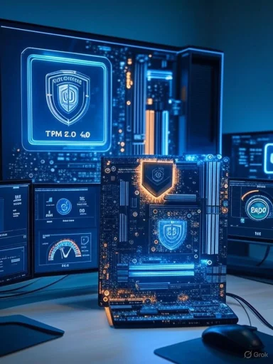 Futuristic computer hardware glowing blue with TPM 2.0 security shield on a motherboard.