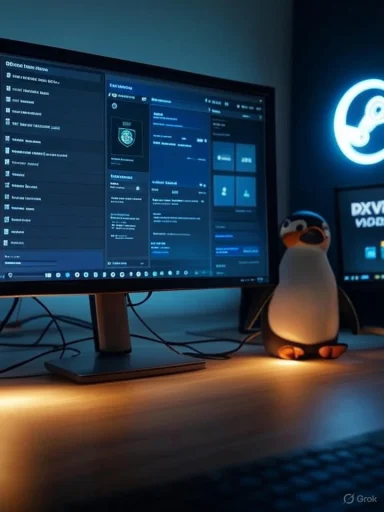 A penguin plush sits beside a large monitor displaying a dark-themed UI on a desk.