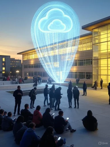 A blue neon cloud-shaped light sculpture hovers over a campus courtyard as people gather.