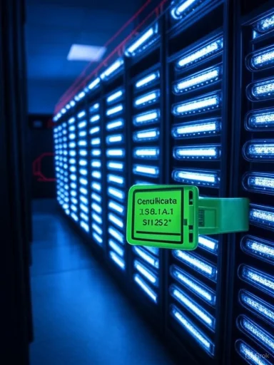 Blue-lit data center with rows of server racks, secured by a bright green tamper-evident tag.