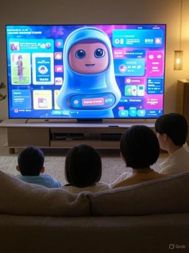 A family sits on the sofa watching a colorful blue cartoon on a large TV.