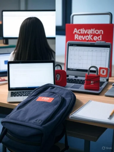 A classroom desk with laptops, a backpack, and red padlocks, beside an “Activation Revoked” sign.