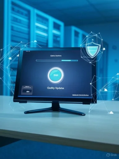 In a server room, a monitor shows a software update screen with a shield icon and network graphics.